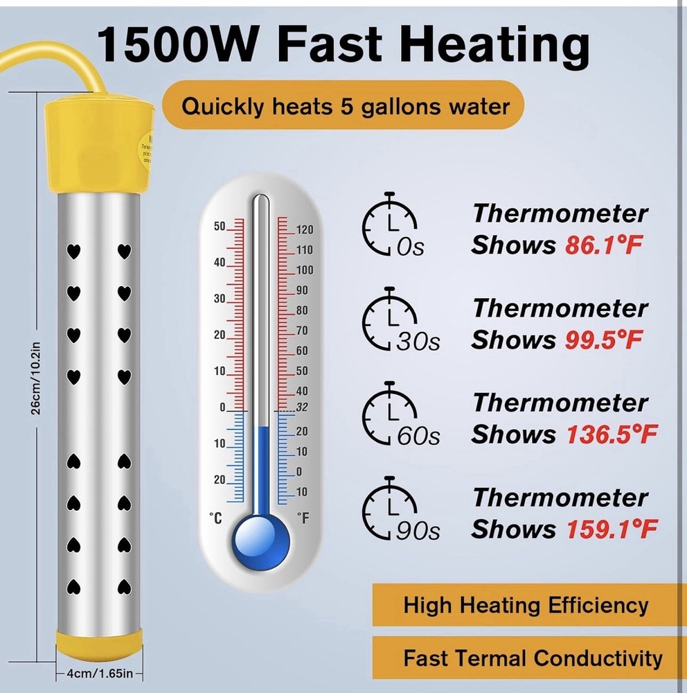 1500W Immersion Water Heater Fast Heating | Digital LCD Thermometer for Bath