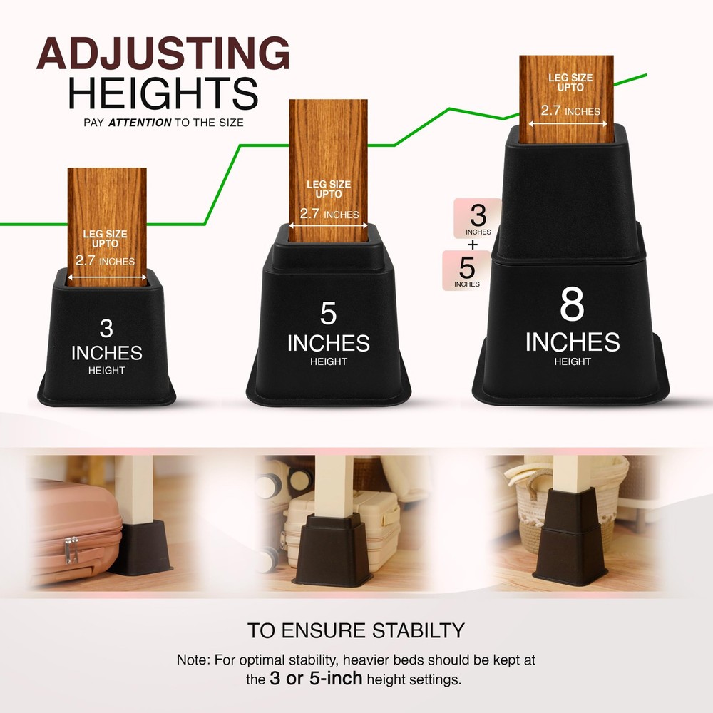 Utopia Bedding Bed Riser, 3 & 5 Inches Adjustable Large, Small, Black