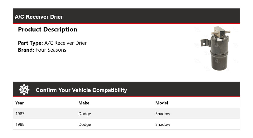 For 1987-1988 Dodge Shadow A/C Receiver Drier 4 Seasons