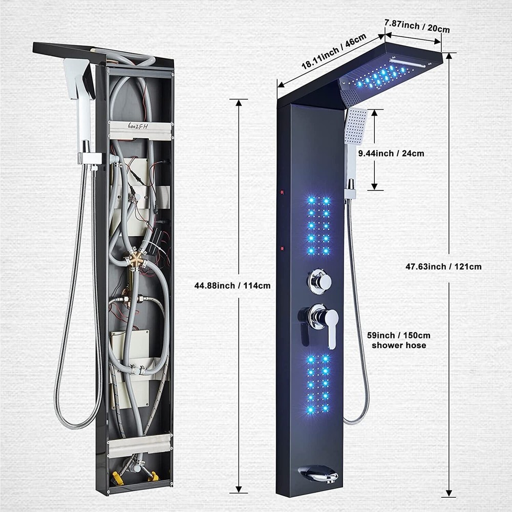 Shower Panel Tower System Faucet LED Rain&Waterfall Head 5-Function Massage Jets