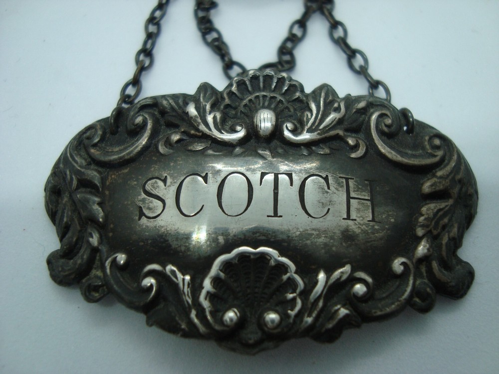 FOUR 1949 Sterling Silver Liquor Decanter Tags -GIN/PORT/RYE/SCOTCH same pattern