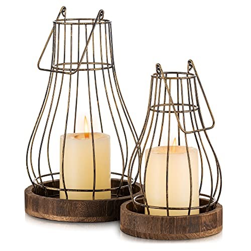 Lantern Farmhouse Home Decor - Rustic Candle Holders 2 Distressed Brown