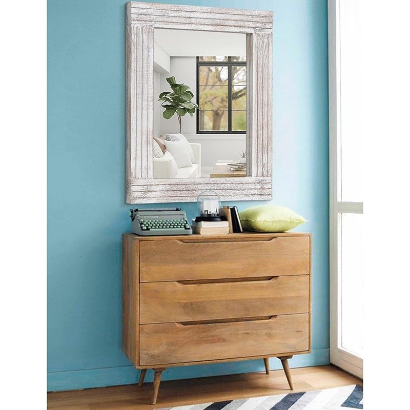 Rustic Wooden Wall Mirror Rectangular Frame Durable Decorative Accent Home Decor