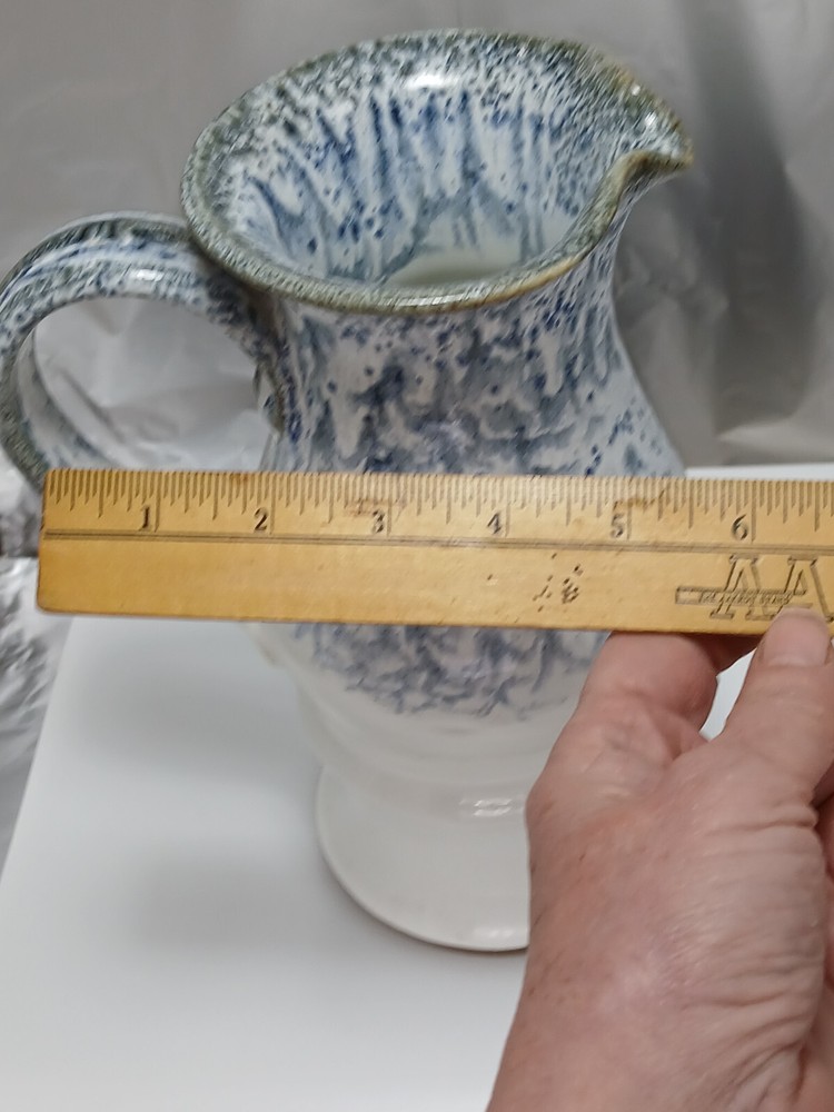 Pitcher Earthenware Pottery Handled White Blue Drip Glaze 9in