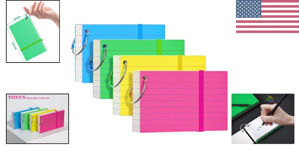 3x5 Flash Cards Set with 4 Color-Coded Rings for Easy Note Organization