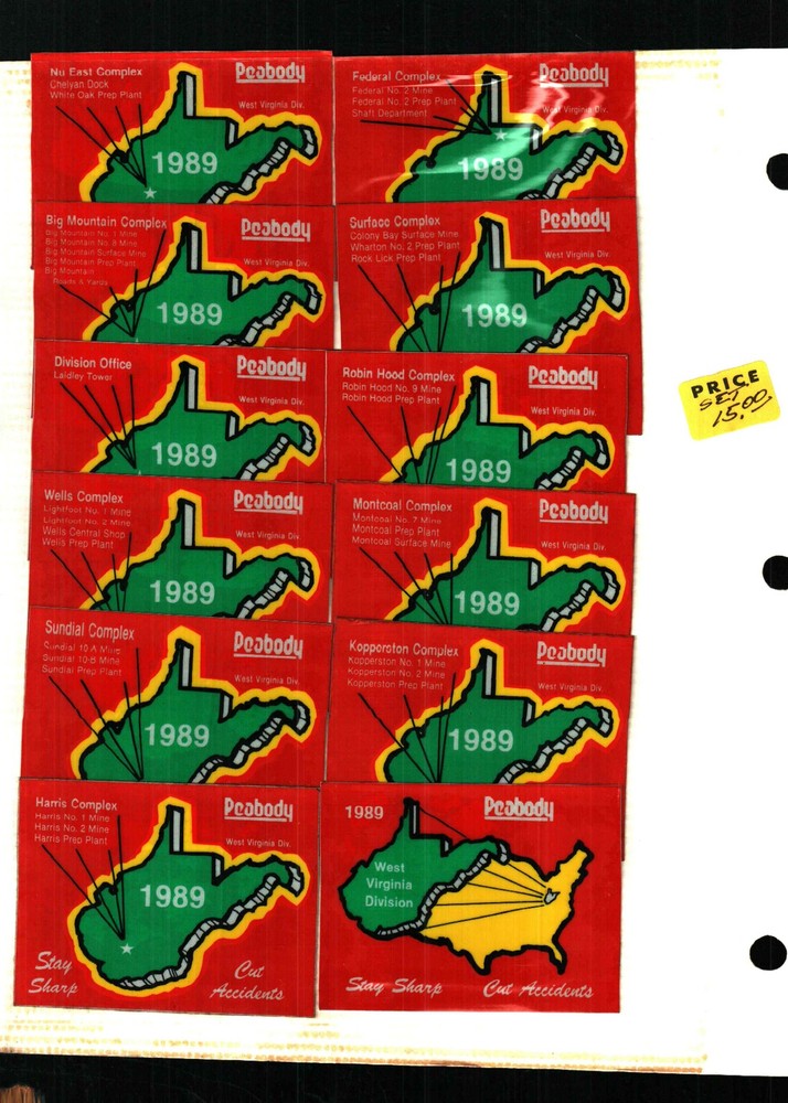 12 DIFF. NICE (SET) 1989 WV  PEABODY  COAL CO. COAL MINING STICKERS # 70