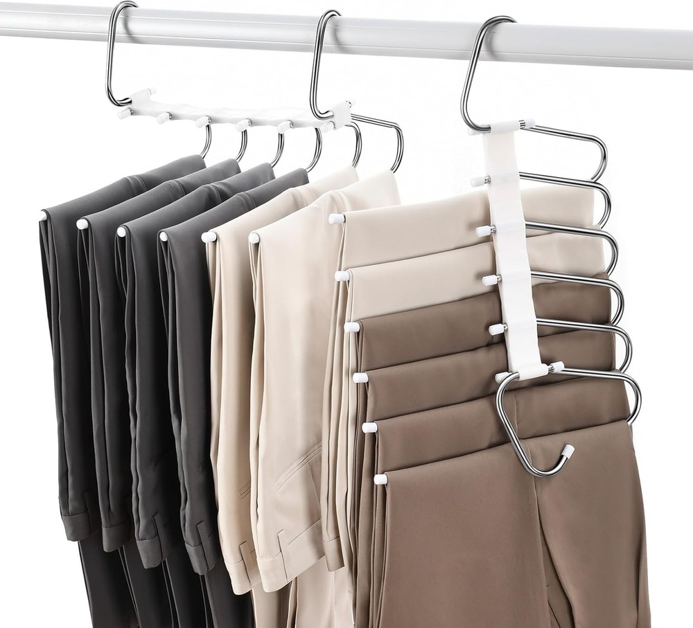 Upgraded Collapsible Pants Hangers Space Saving, 6 Layers 2 Pack, Silver