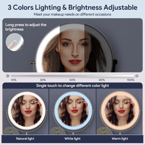 Rechargeable Wall Mounted Lighted Makeup Mirror, 8 Inch Double-Sided Nickel