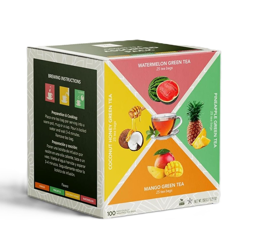Premium Exotic Fruit Green Tea Variety Sampler Bulk 100 Pack Individually Wrappe