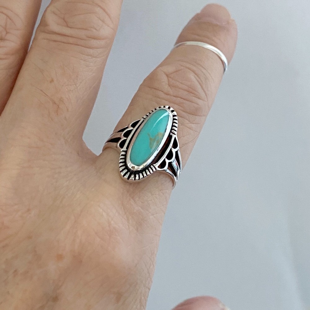 Sterling Silver Etched Oval Synthetic Turquoise Ring, Statement Stone Rings