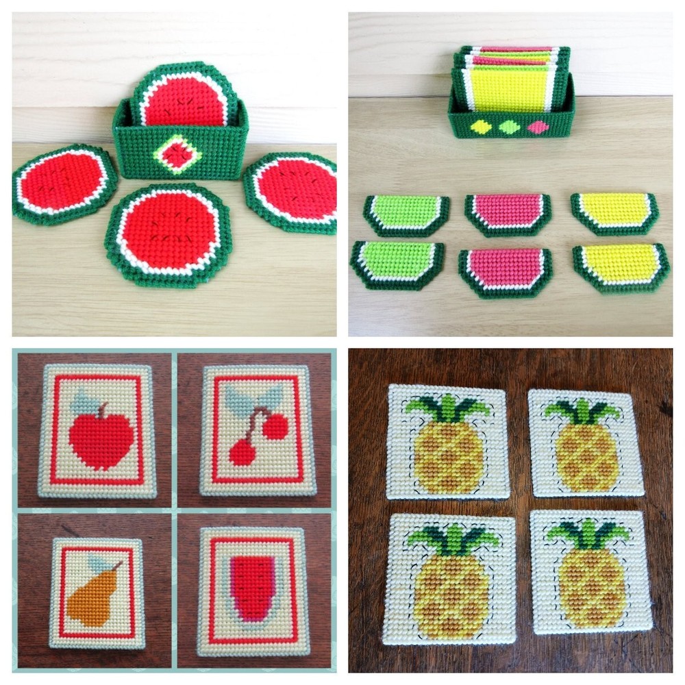 Fruit Design Beverage Coasters in Handmade Needlepoint. Home Decor. Table Decor