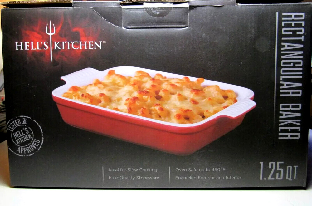 HELLS KITCHEN Red Enameled Stoneware 10 x 7 RECTANGULAR BAKER 1.25 qt RAMSAY