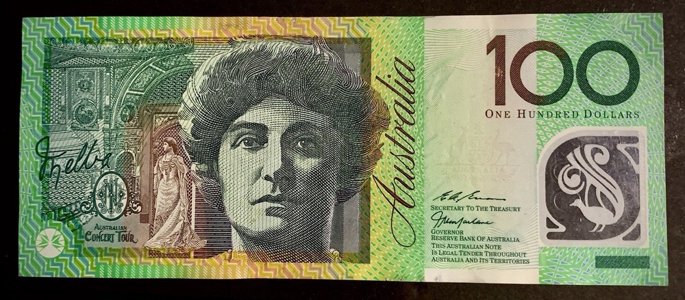 $100 Australian AUNC – Melba/Monash•Pattern Serial • Polymer Note • DI-99777111