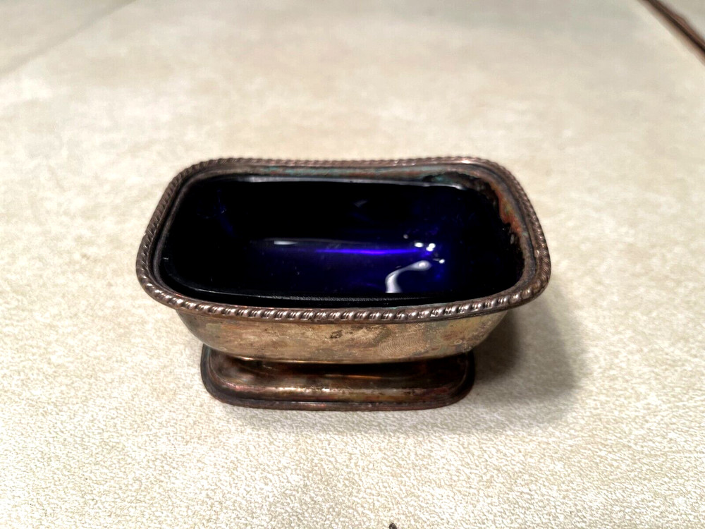 Antique William Adams Silverplate Master Salt with Cobalt Insert & Silver Mounts