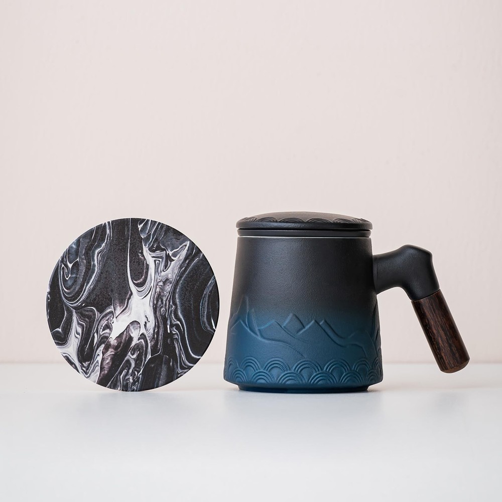 Ceramic Tea Cup with Infuser and Lid, 13.5oz Gradient Blue Tea Strainer Mug f...