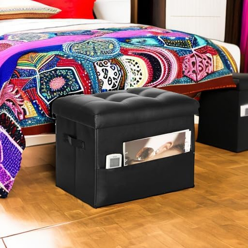 Storage Ottoman Foot Rest Stool with Thicker Foam Padded Seat. Foldable Leather