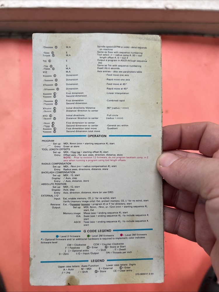 Mill Bandit CNC Programming Reference Card Summit Dana Vintage 1981