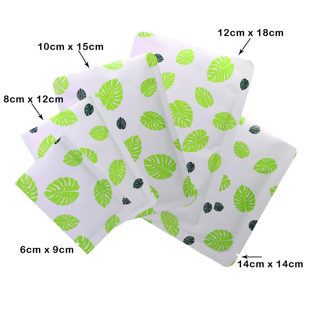 Flat Matte Green Leaf Patterned Design Open-Top Heat-Sealable Packaging Pouches
