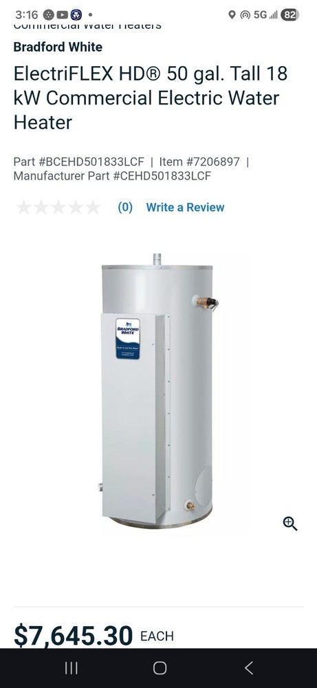 Bradford White Commercial Water Heater, 50 Gallon, 208v / 3 Phase