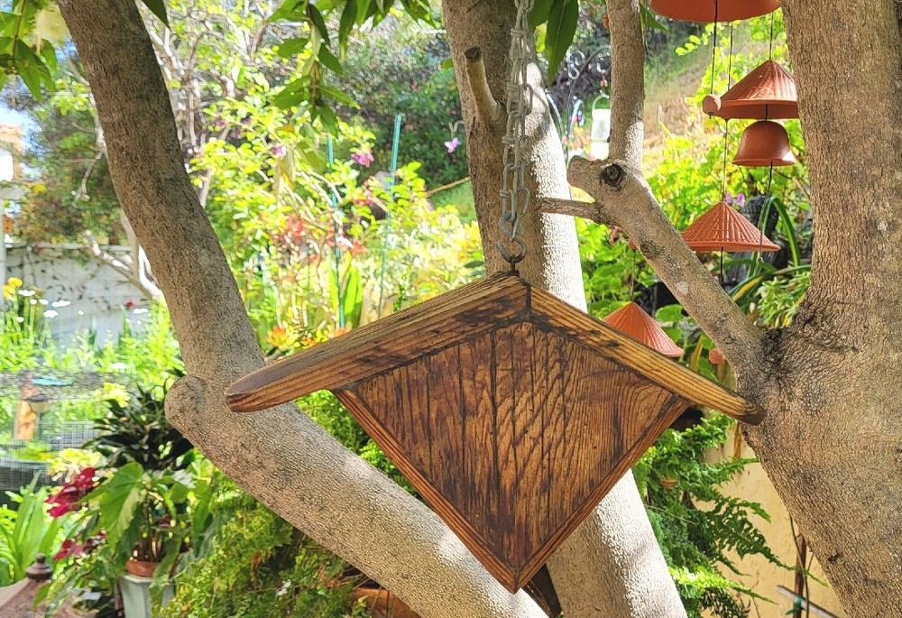 Vintage Triangular Hanging Birdhouse In Solid Oak, Heart Shaped Entry, Good Cond