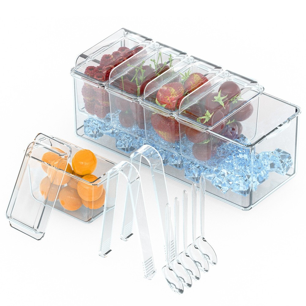 Ice Chilled Condiment Caddy, Condiment Server with Separate Lids Keep Fresh