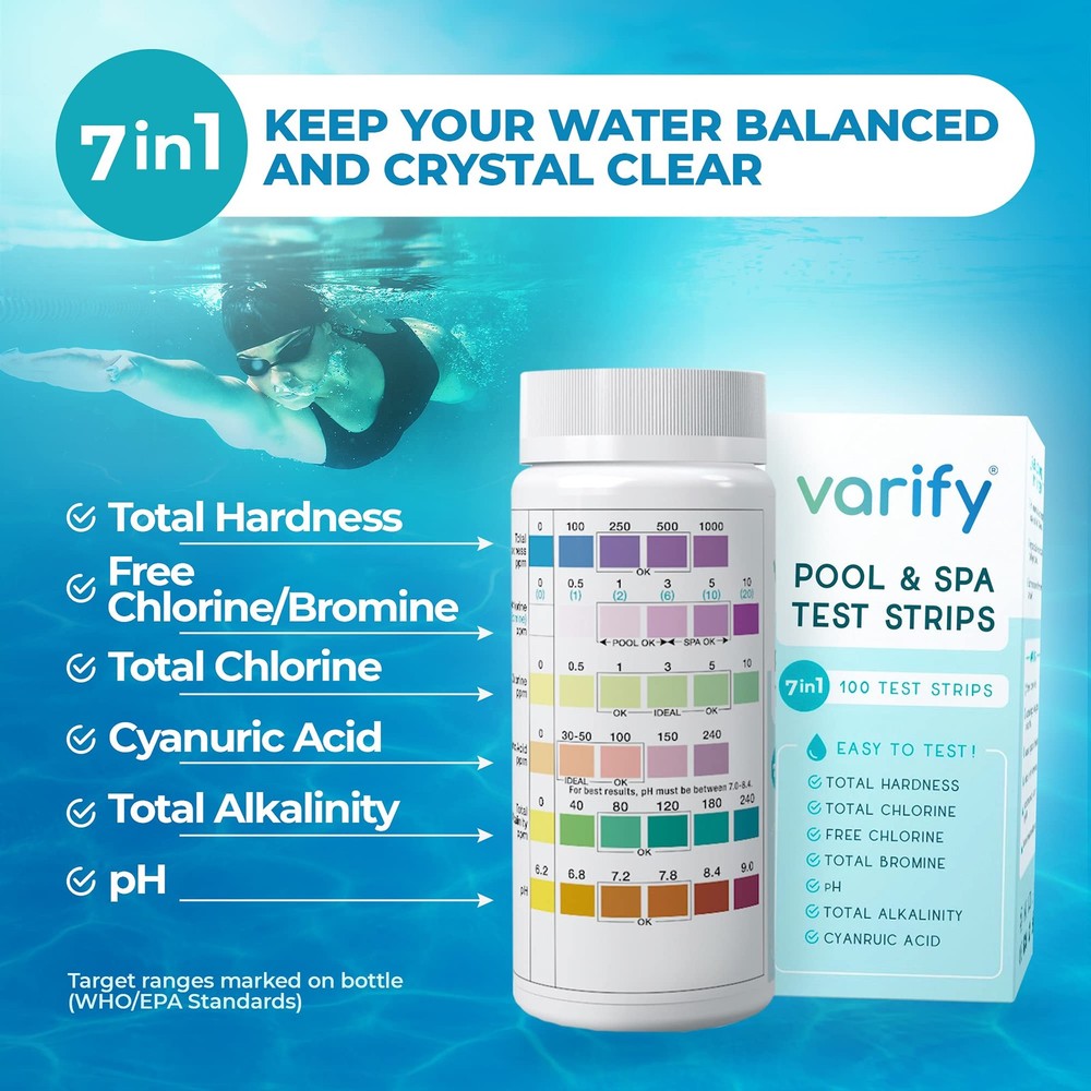 Varify 7 in 1 Pool and Spa Test Strips- Easy to Use Water Testing Kit for...