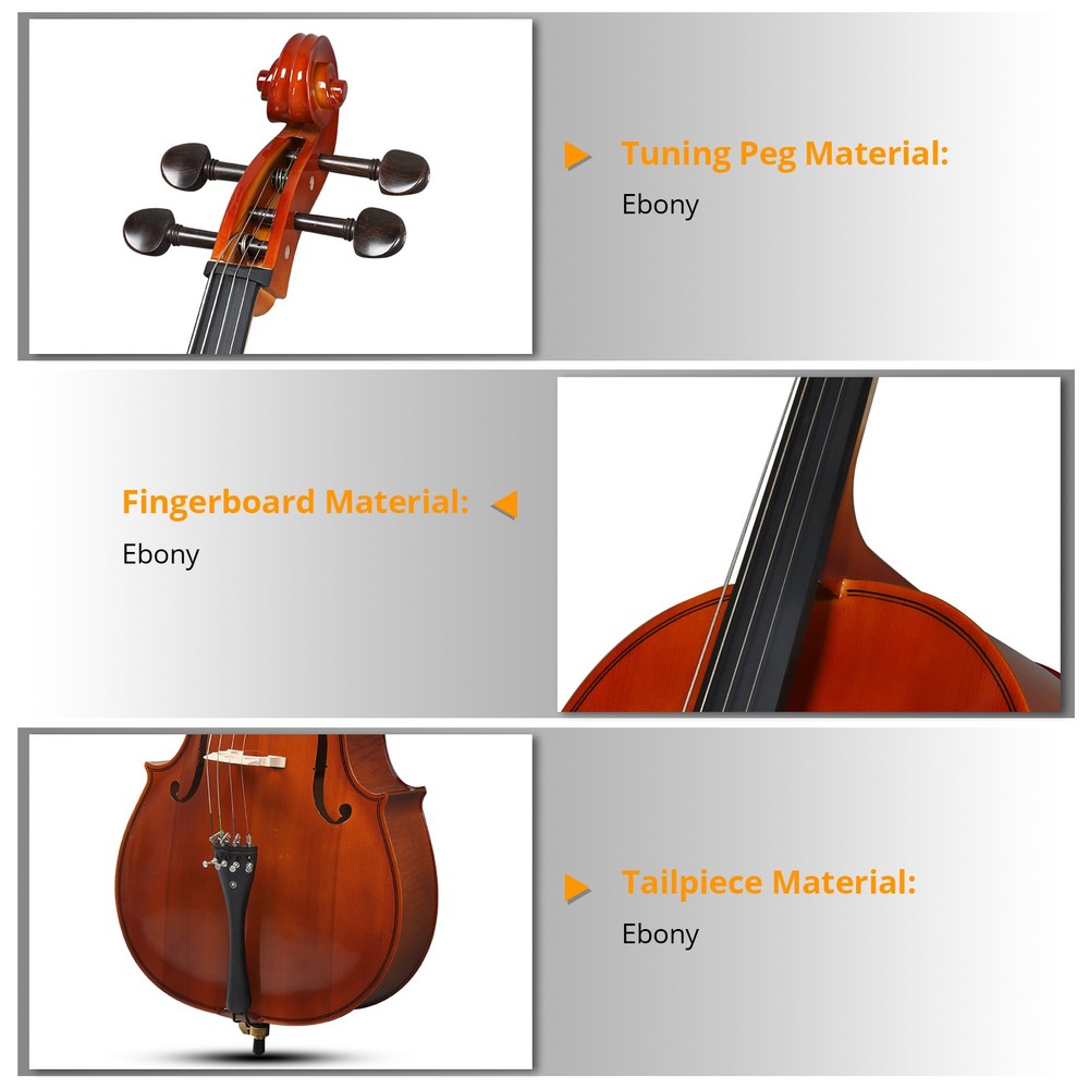 4/4 Natural Spruce Cello, Tiger Pattern, with Bag, Bow, Rosin, Bridge, Strings