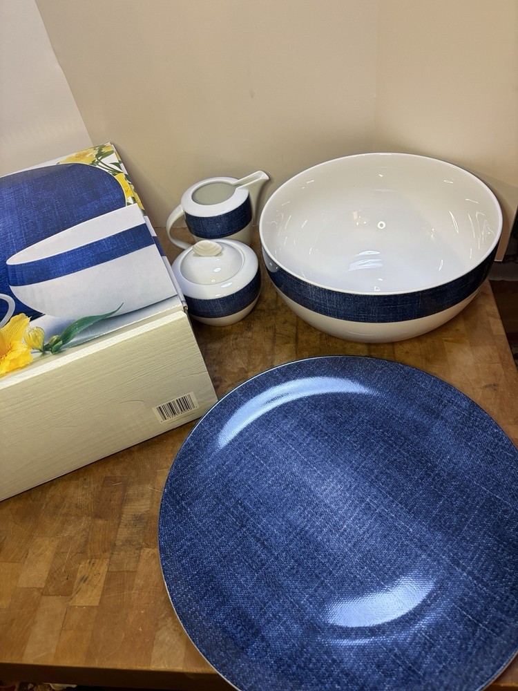 Studio Nova Blue Denim Hostess Serving Set 5 Pieces New In Box Veggie Bowl +