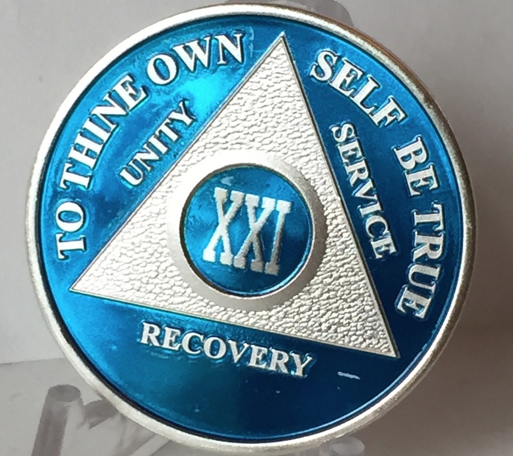 Blue Silver Plated 21 Year AA Chip Alcoholics Anonymous Medallion Coin