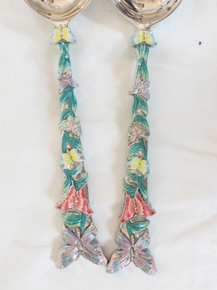 Godinger Rare Silverplated Enamel Butterflies Serving Spoon and Fork