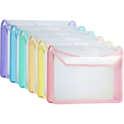Plastic Expanding File Folder, Clear Envelopes Fit Letter & A4 6 Mixed Colors