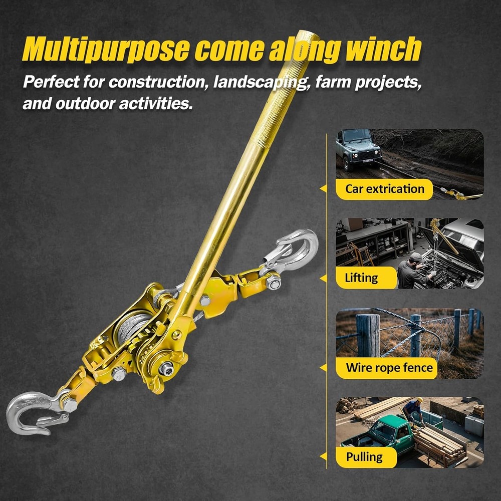 Come Along Winch Puller 2T, 10FT Cable Hoist Winch Puller with 2 Hooks, Come Alo