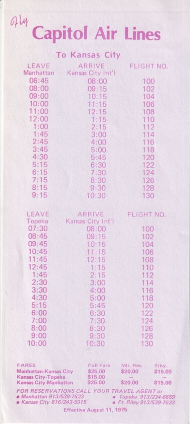 Capitol Air Lines timetable 1975/08/11