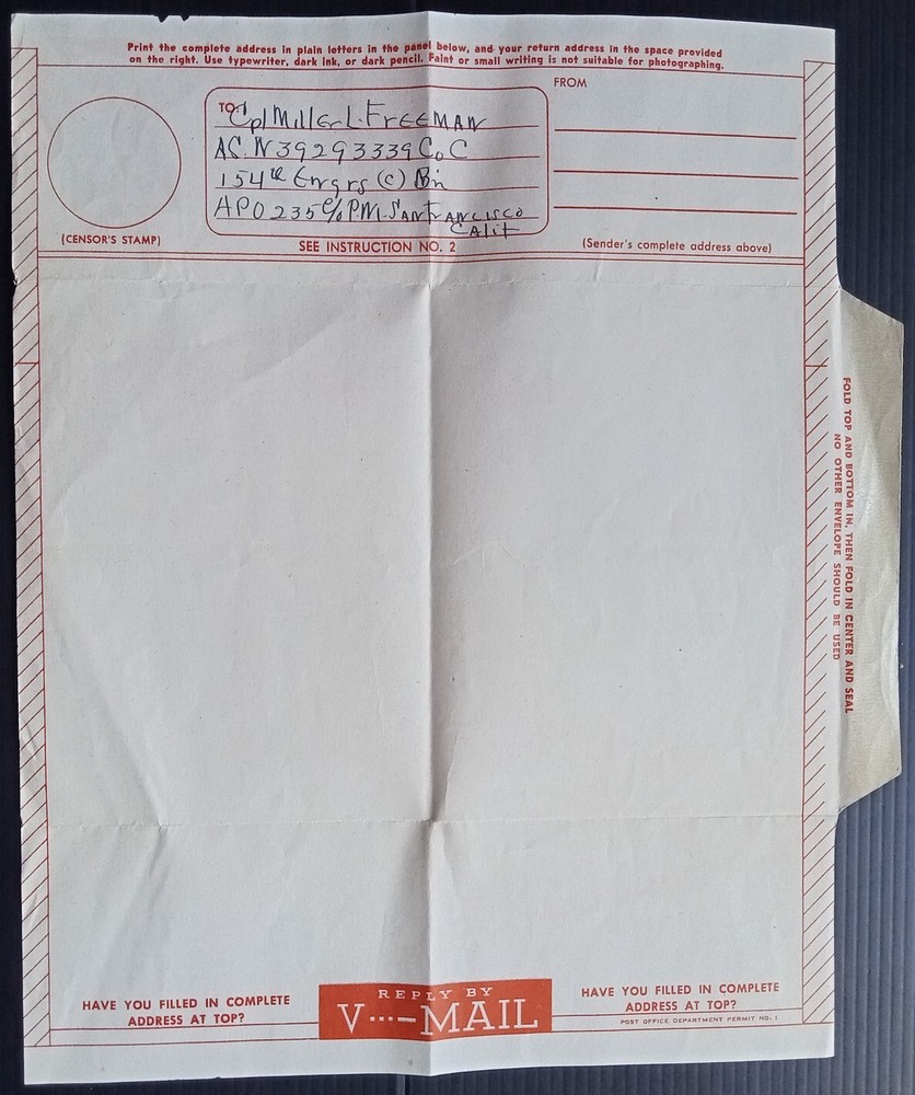 US WW2 V MAIL aerogramme unused