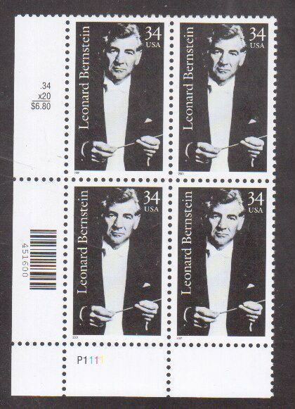 Scott #3521....34 Cent...Leonard Bernstein... Plate Block