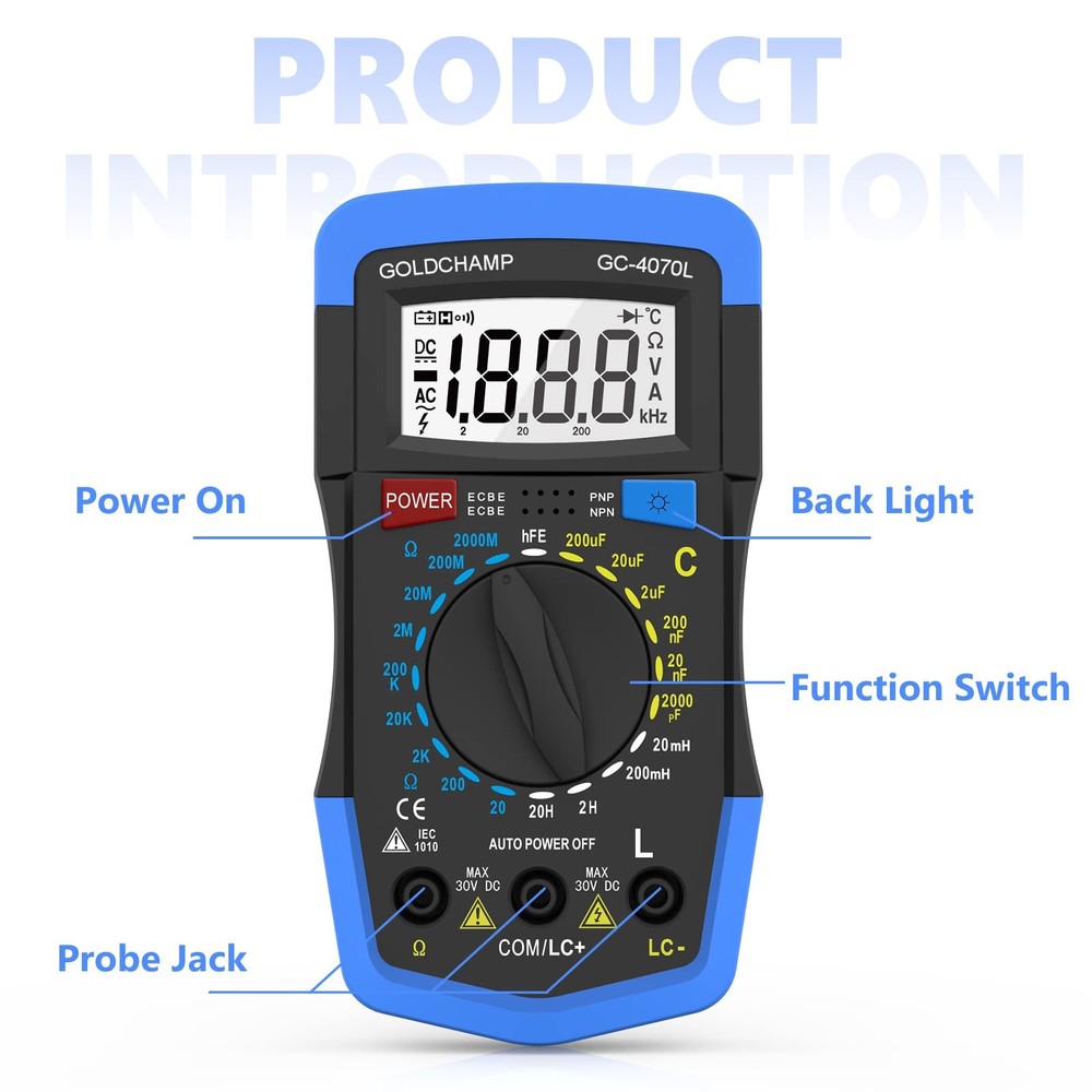 2000pf~200uf Capacitor Tester 200~2000m0 0hm Metercapacitance Meter Hfe Test Mul