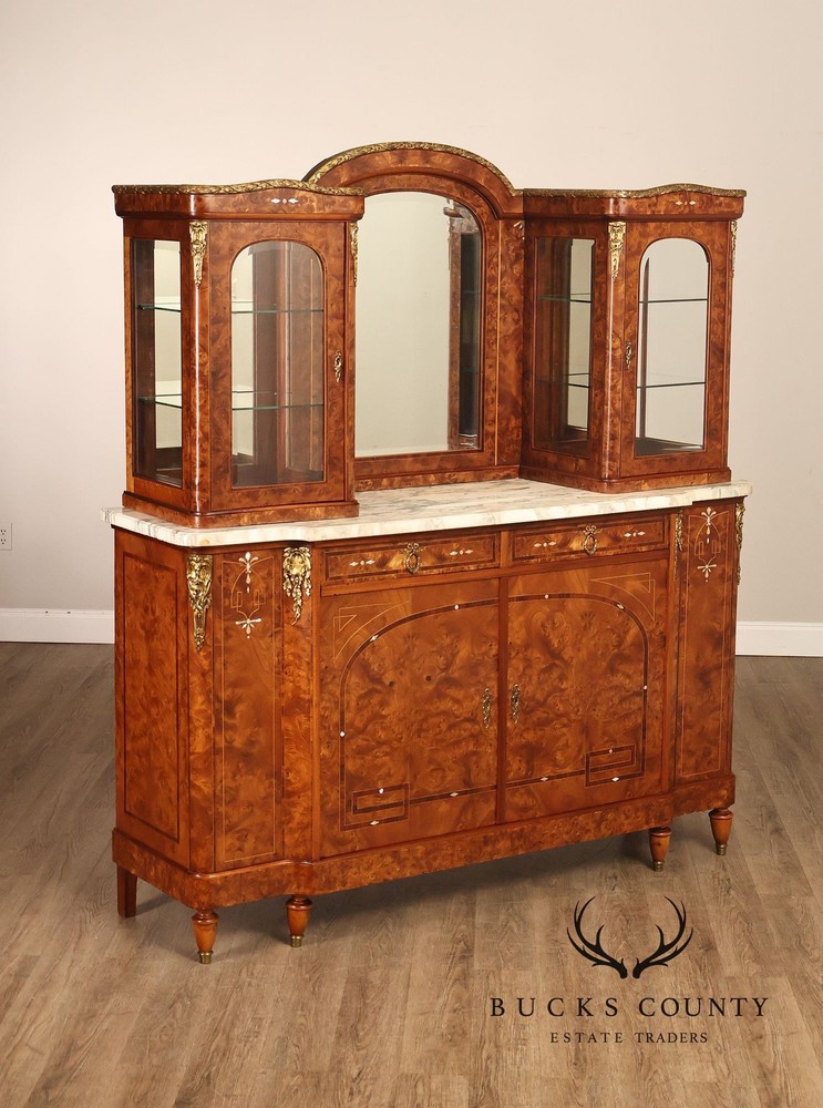 Walnut Marble Top Sideboard With Display Cabinets