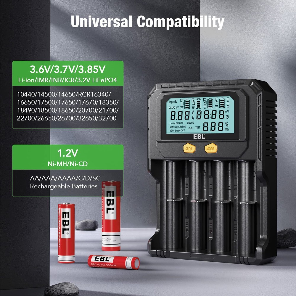 EBL 18650 Battery Charger with Discharge & Testing Functions, Universal...