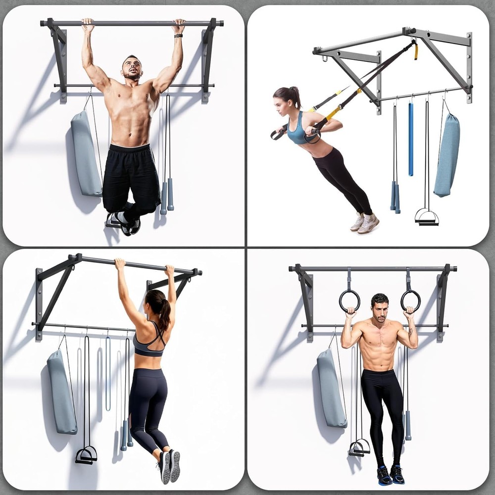 Wall Mounted Pull Up Bar, Strength Training Chin Up Bar with Hooks, Adjustable D