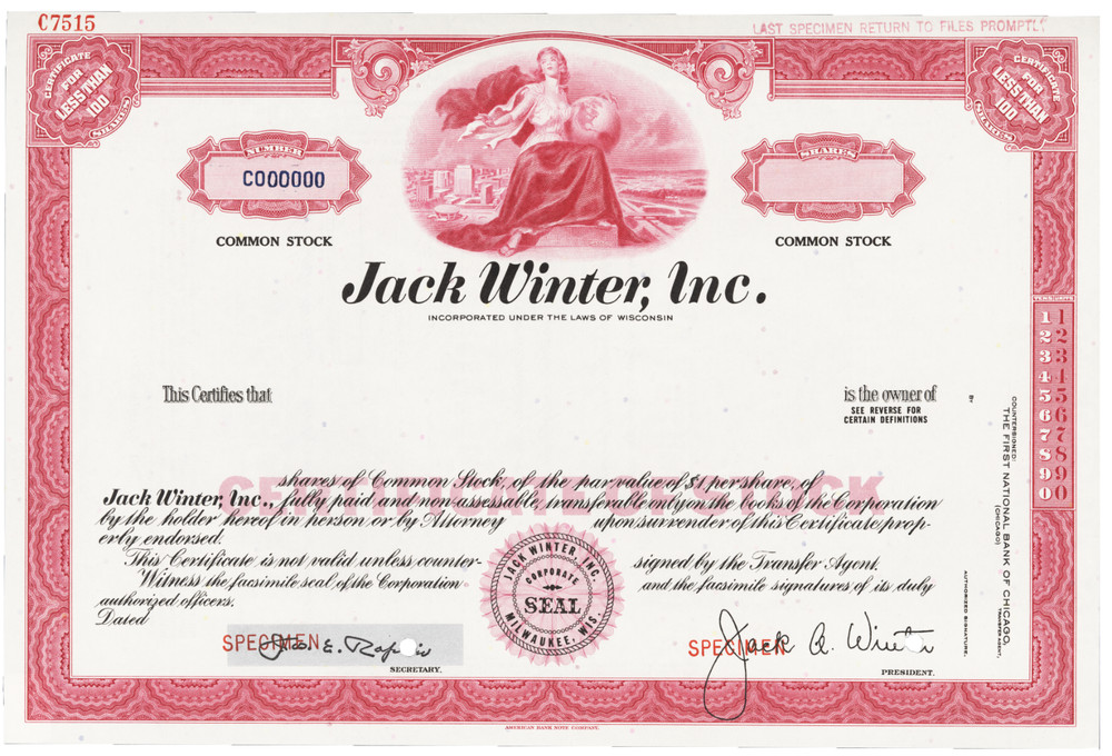 Jack Winter, Inc. Stock Certificate