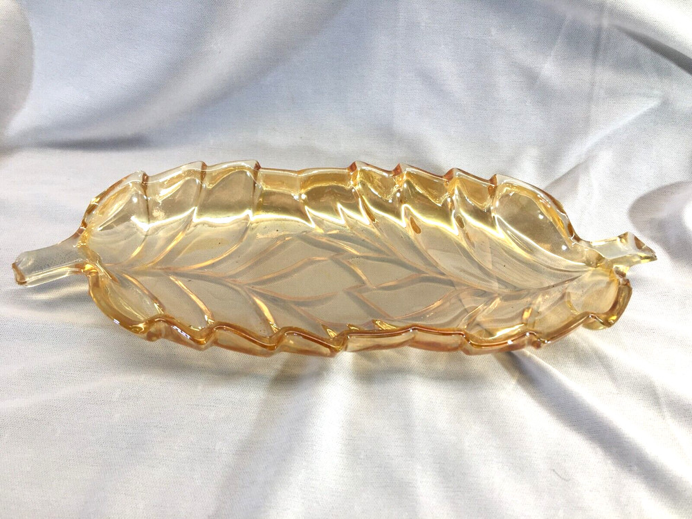 Iridescent Orange/Amber Leaf Shaped Celery Dish Stem Handles