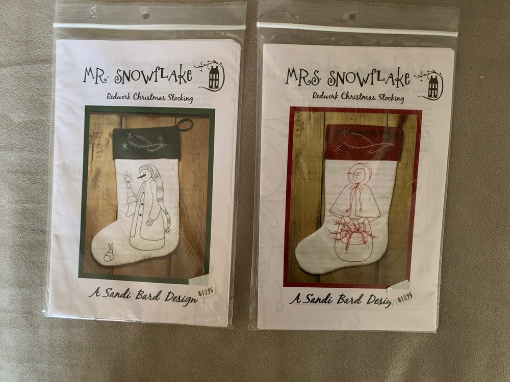 Sandi Bard Redwork Mrs and Mr Snowflake Stocking Patterns New