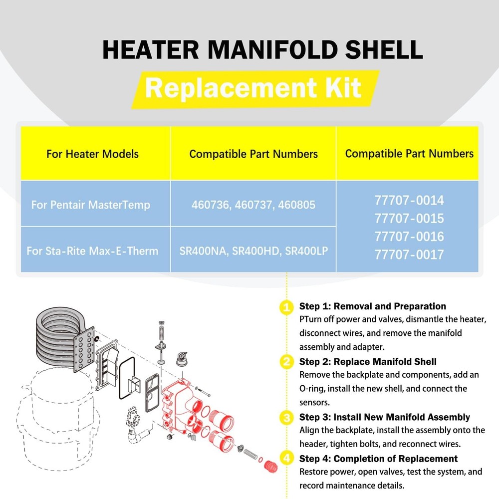 For Pentair Mastertemp Pool Heater 460736 77707-0016 Manifold Replacement Kit