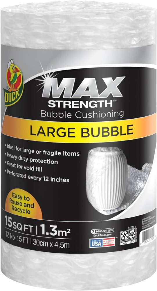 Max Strength Bubble Cushioning Wrap for Moving & Shipping, 15 FT, Large Bubble P