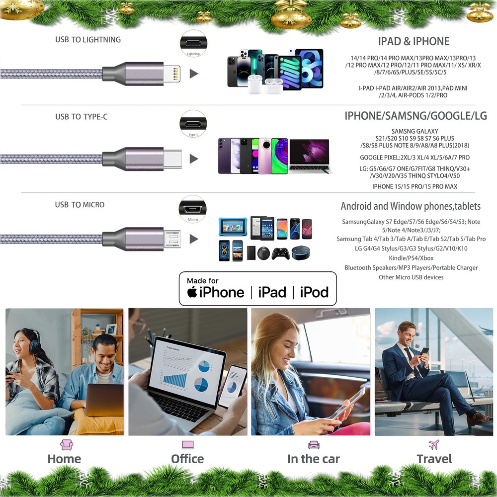 Multi Charging Cable (6ft 2Pack),3 in 1 USB 6 feet, Grey-6ft