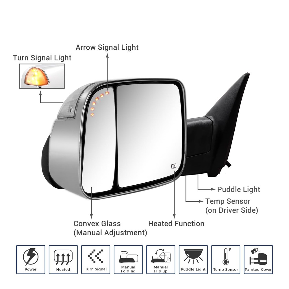 Towing Mirror for Dodge Ram - Compatible With RAM STYLE, Chrome Silver