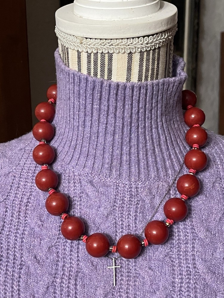 Vintage Red Lightly Marbled Bakelite Beaded & Celluloid Chain 20" Necklace