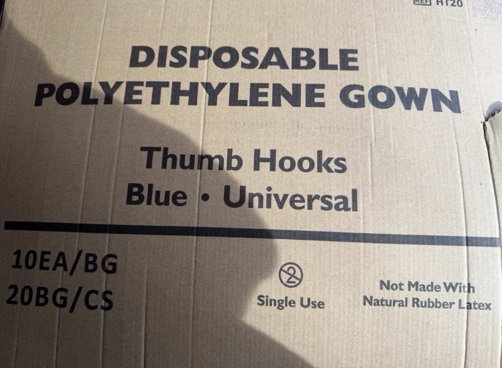 Bulk 200 count Disposable Polyethylene Gowns Thumb Hooks Blue Universal Bulk Box