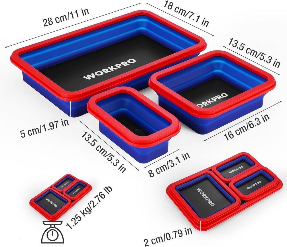 WORKPRO 4PC Double-Sided Collapsible Magnetic Part Tray Set Foldable Magnet Bowl