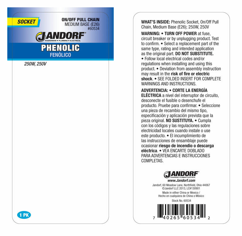 Jandorf PHENOLIC Medium Base (E26) On/Off Pull-Chain SOCKET 1 pk Black 60534 NEW